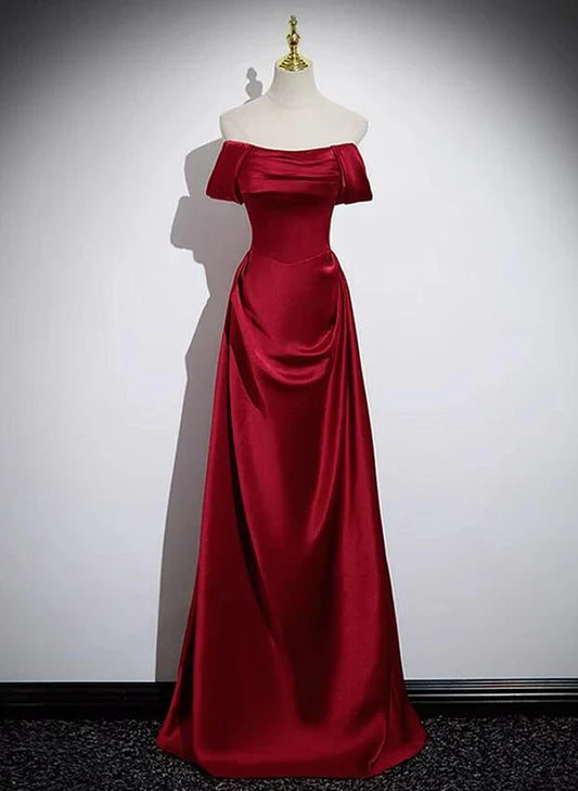 Wine Red Satin Off Shoulder Long PromDress