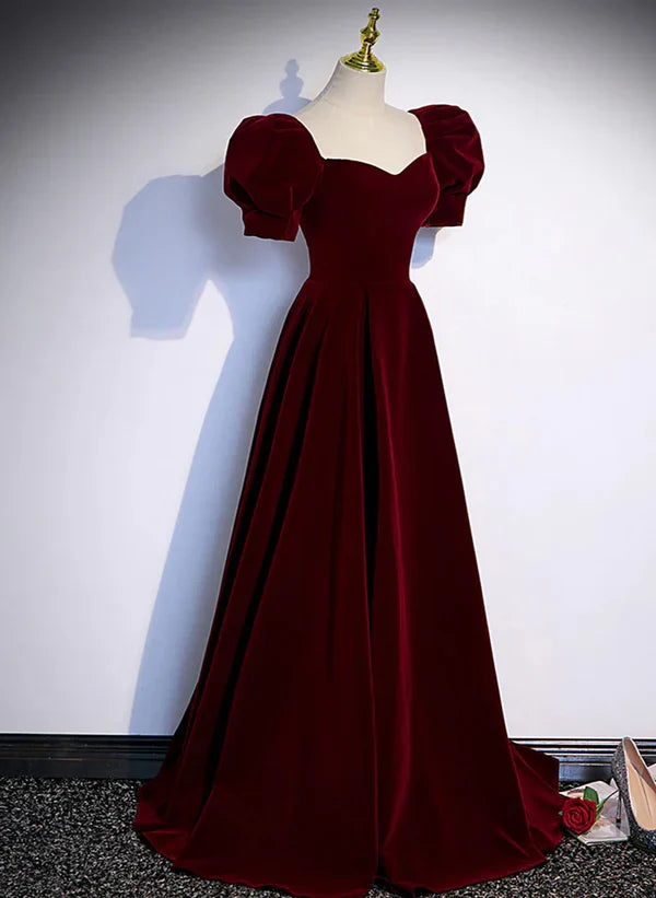 Wine Red A-line Short Sleeves Long Simple Prom Dress