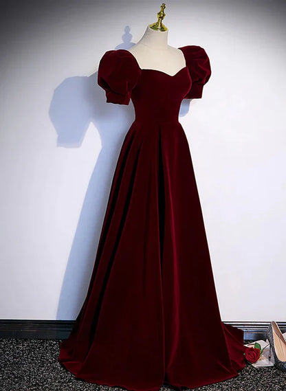 Wine Red A-line Short Sleeves Long Simple Prom Dress