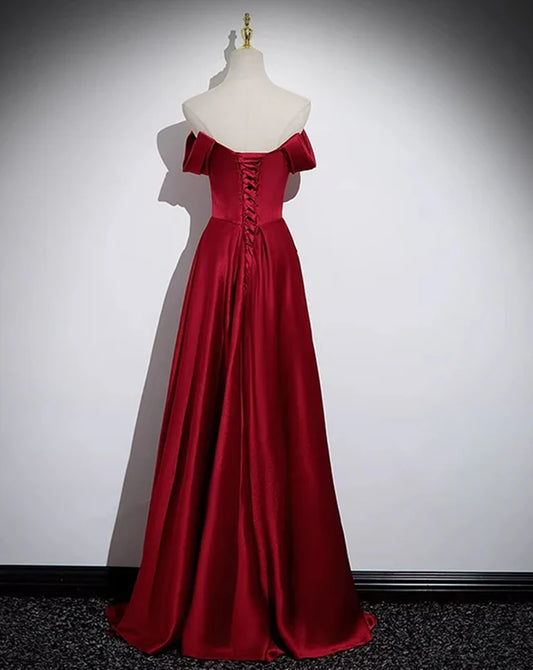 Wine Red Satin Off Shoulder Long PromDress