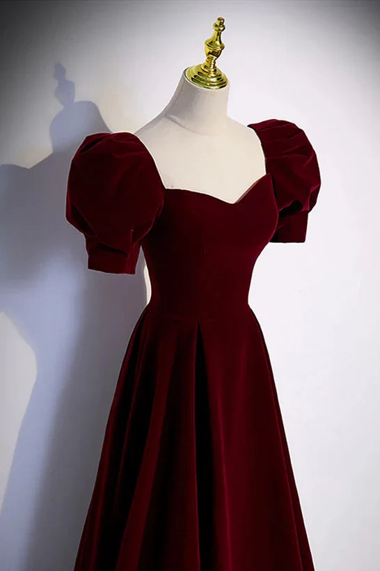 Wine Red A-line Short Sleeves Long Simple Prom Dress