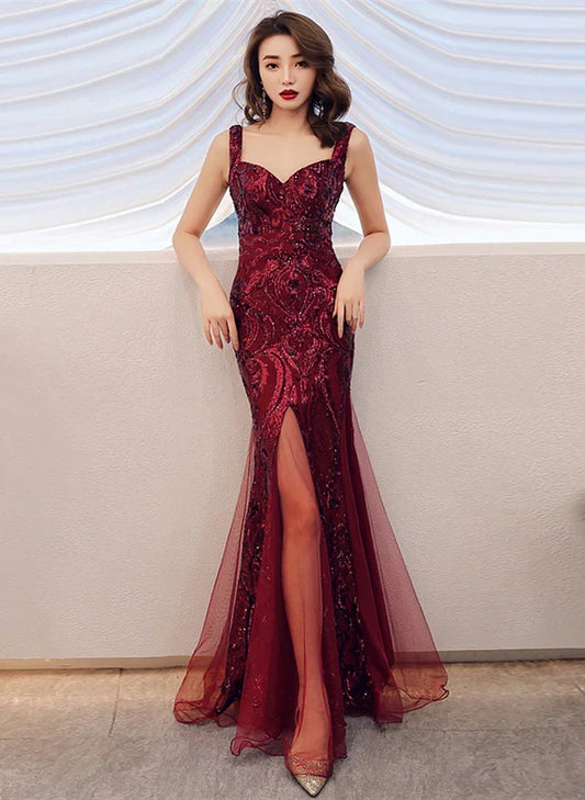 Wine Red Sequins Mermaid Straps Long Prom Dress