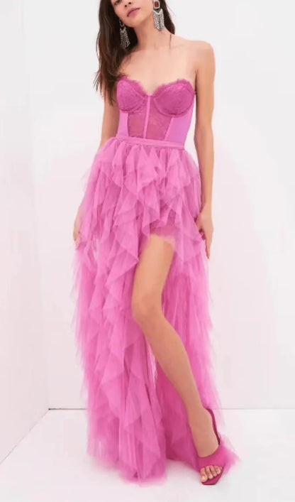 Pink Strapless Lace Patchwork Mesh Prom Dress