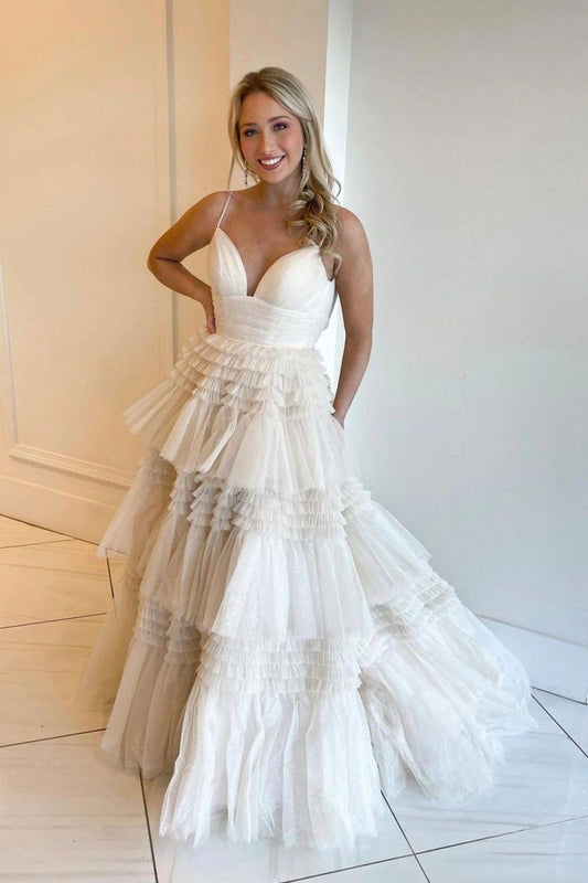 New Arrival A Line Spaghetti Straps White Bridal Evening Dresses with Ruffles