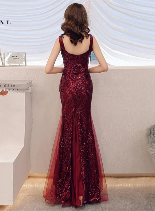 Wine Red Sequins Mermaid Straps Long Prom Dress
