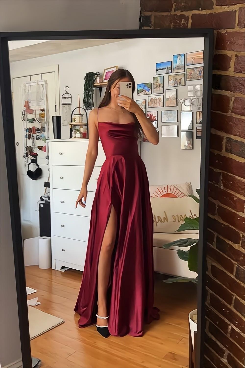A Line Spaghetti Straps Burgundy Long Prom Dress with Split Front
