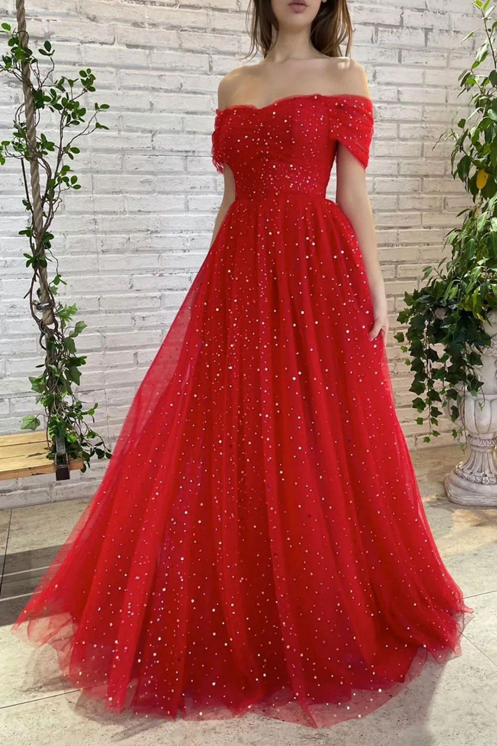 Charming A Line Off the Shoulder Red Long Prom Dress