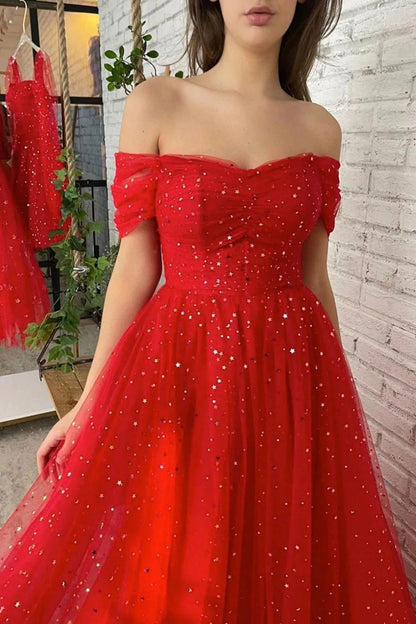 Charming A Line Off the Shoulder Red Long Prom Dress