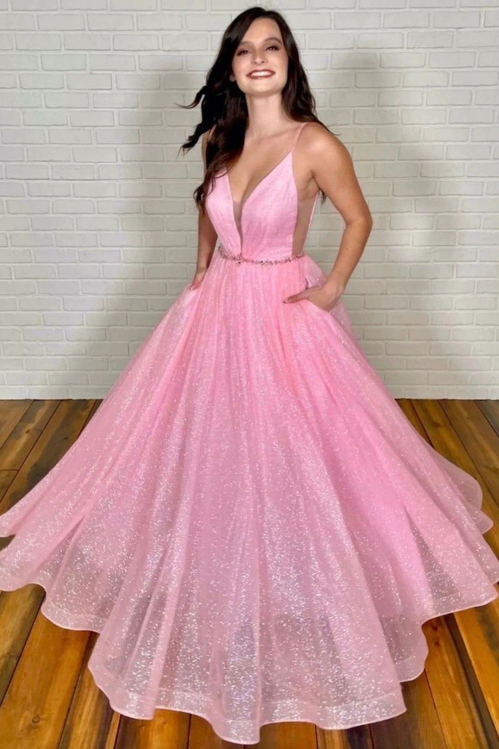 Beautiful A Line Deep V Neck Pink Long Prom Dress with Beading