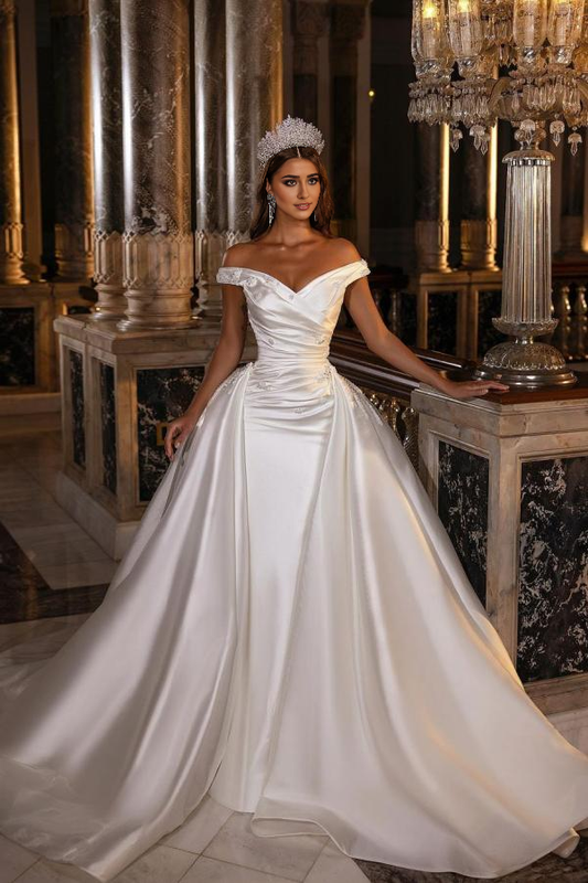 Sweetheart Backless Satin Off-The-Shoulder Wedding Dress With Ruffles Appliques