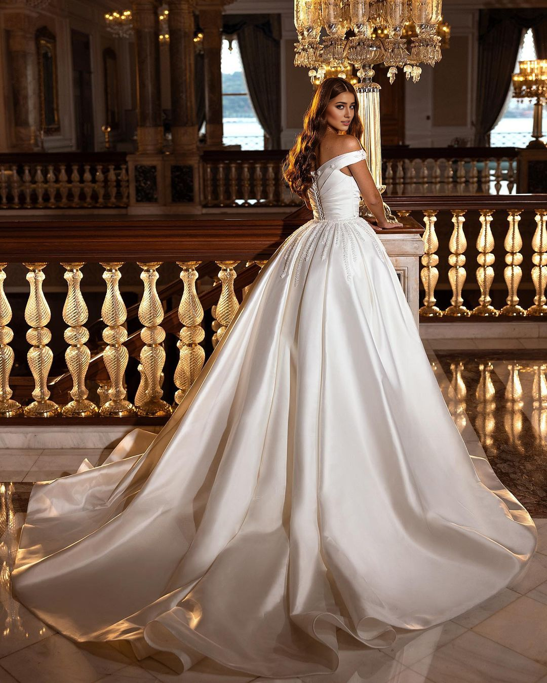 Sweetheart Backless Satin Off-The-Shoulder Wedding Dress With Ruffles Appliques