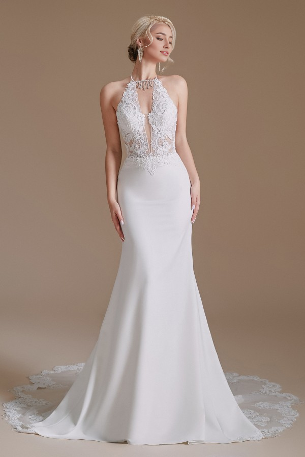Charming Backless Long Mermaid Halter Satin With Appliques Lace Wedding Dresse
