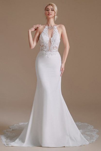 Charming Backless Long Mermaid Halter Satin With Appliques Lace Wedding Dresse