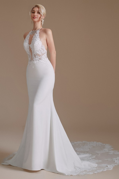 Charming Backless Long Mermaid Halter Satin With Appliques Lace Wedding Dresse