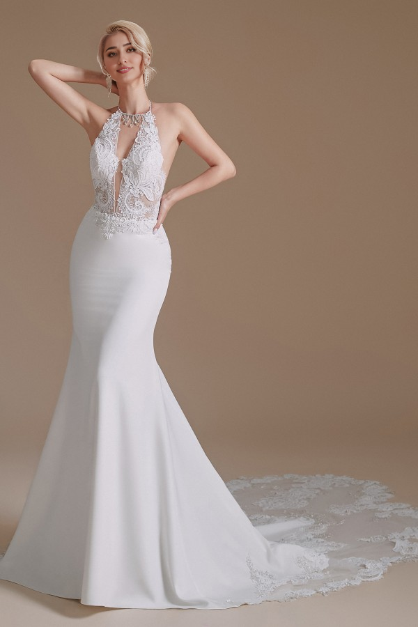 Charming Backless Long Mermaid Halter Satin With Appliques Lace Wedding Dresse