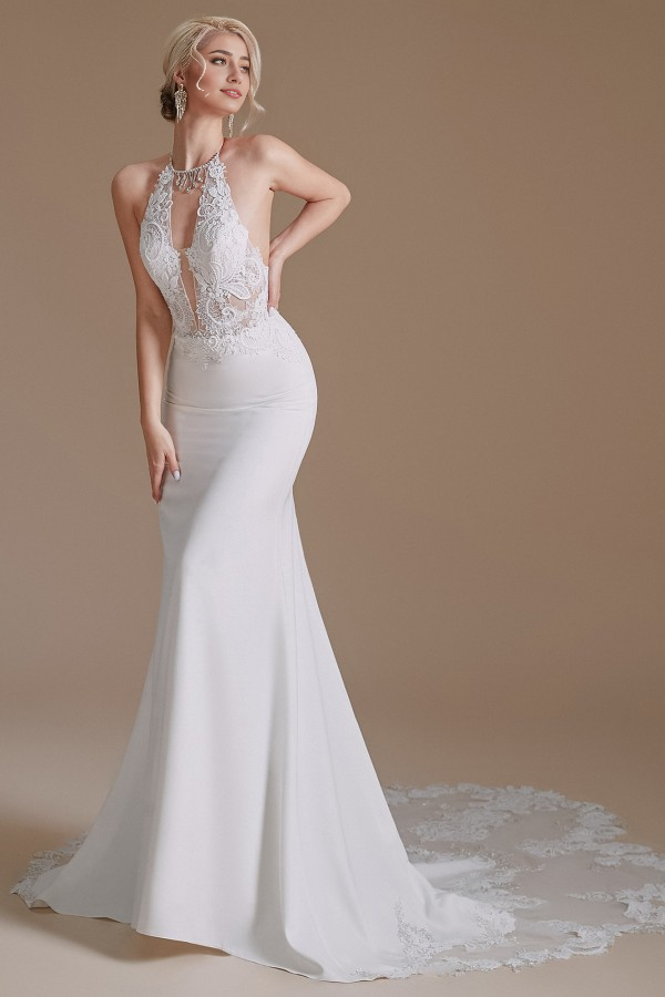 Charming Backless Long Mermaid Halter Satin With Appliques Lace Wedding Dresse