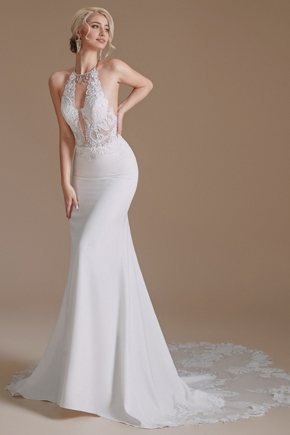 Charming Backless Long Mermaid Halter Satin With Appliques Lace Wedding Dresse