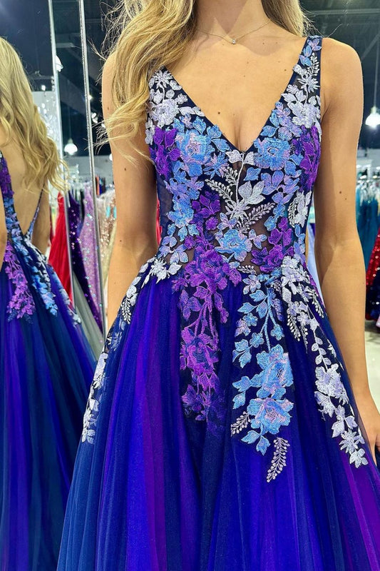 Gorgeous A Line V Neck Purple Tulle Long Prom Dress with Appliques