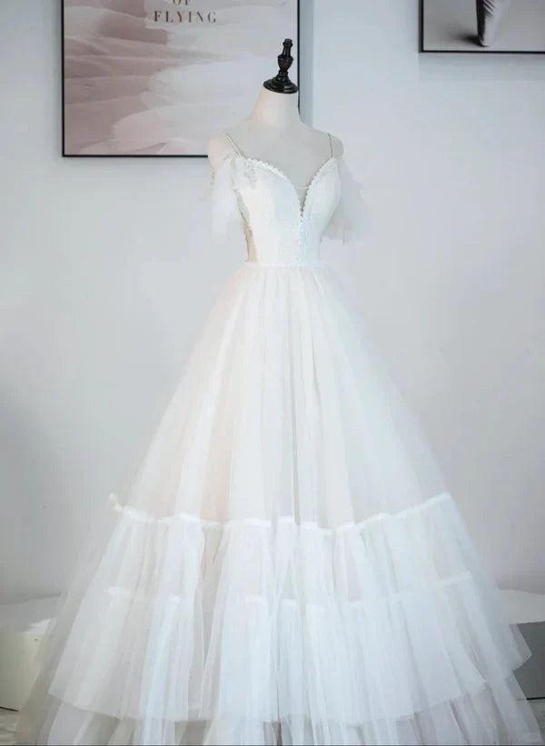 A-line Ivory Tulle V-neckline Straps Off Shoulder Prom Dress