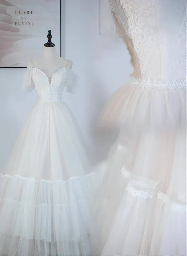 A-line Ivory Tulle V-neckline Straps Off Shoulder Prom Dress