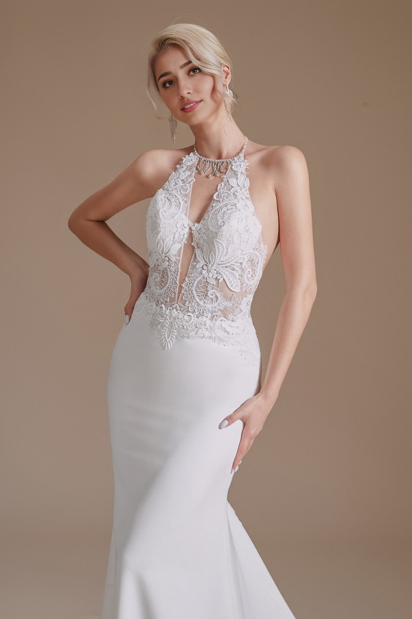 Charming Backless Long Mermaid Halter Satin With Appliques Lace Wedding Dresse