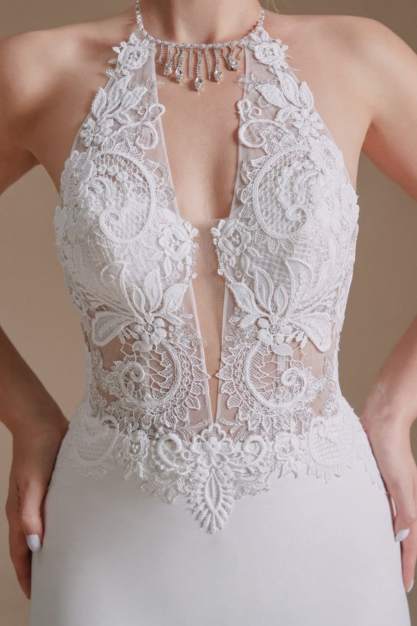 Charming Backless Long Mermaid Halter Satin With Appliques Lace Wedding Dresse