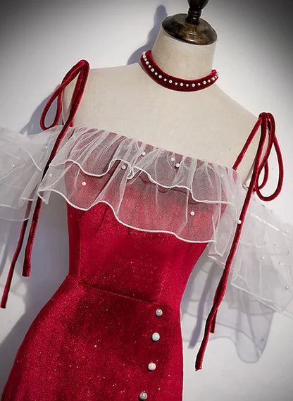 Beautiful Wine Red Velvet Mermaid Long Party Prom Dress