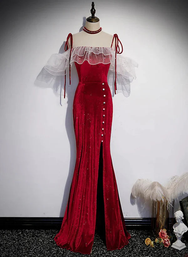 Beautiful Wine Red Velvet Mermaid Long Party Prom Dress