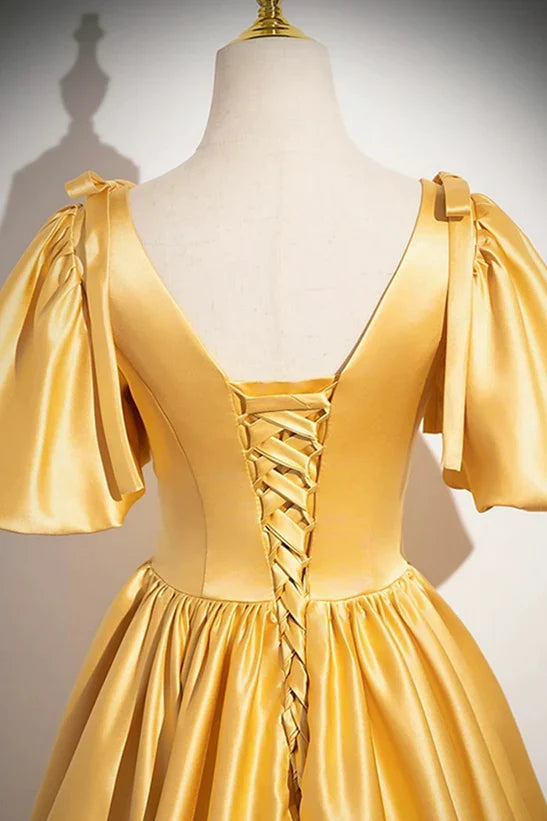 A-line Yellow Satin V-neckline Long Prom Dress
