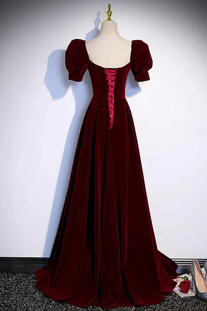 Wine Red A-line Short Sleeves Long Simple Prom Dress