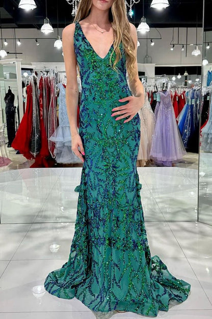 Sparkly Mermaid V Neck Green Sequins Long Prom Dress