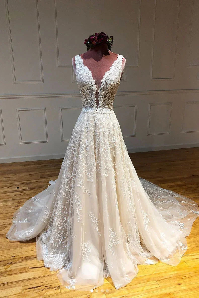 Champagne v neck tulle lace long Wedding Dresses
