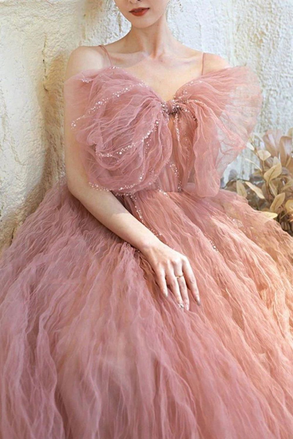 Beautiful A Line Spaghetti Straps Blush Long Formal Dress with Bowknot