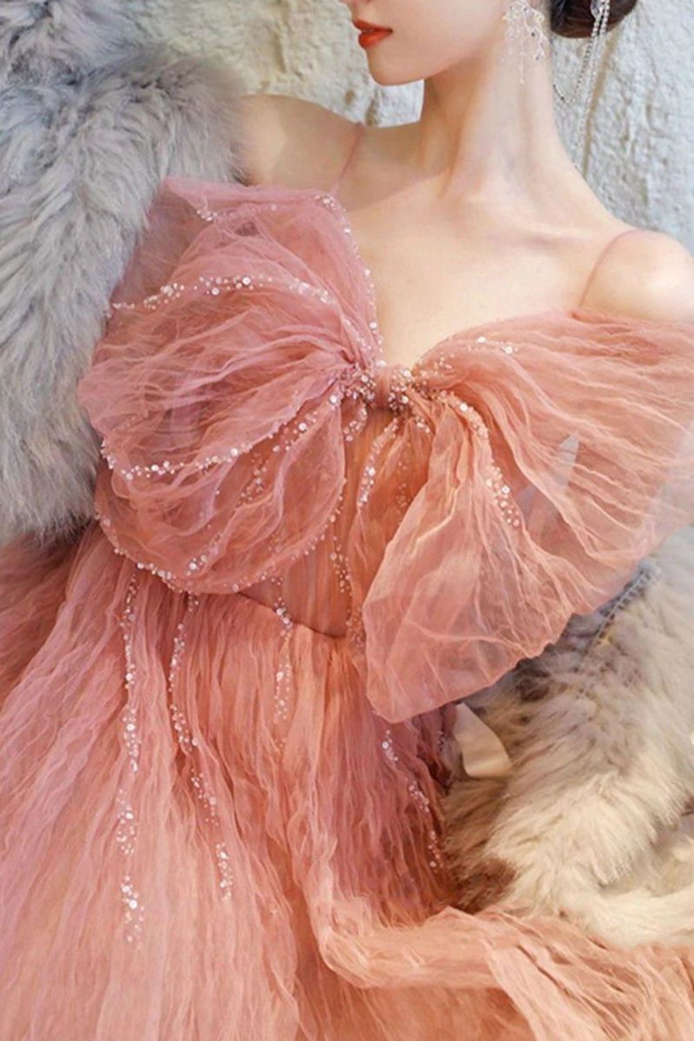 Beautiful A Line Spaghetti Straps Blush Long Formal Dress with Bowknot