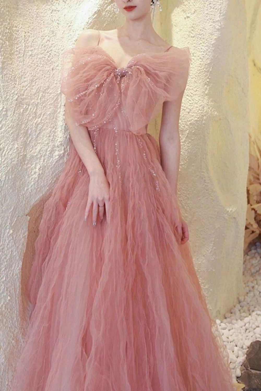 Beautiful A Line Spaghetti Straps Blush Long Formal Dress with Bowknot