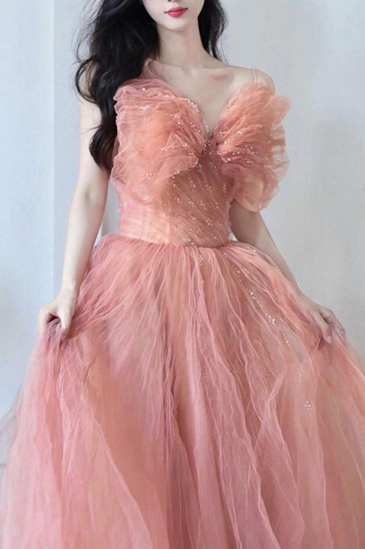 Beautiful A Line Spaghetti Straps Blush Long Formal Dress with Bowknot