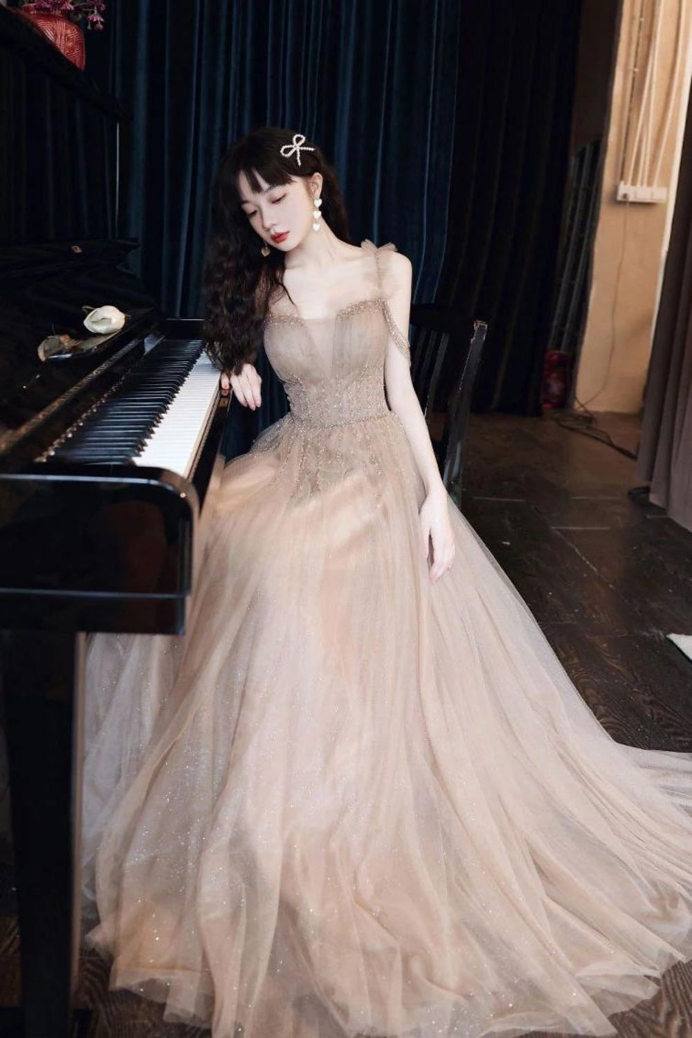 Elegant A Line Off the Shoulder Champagne Floor Length Formal Dress