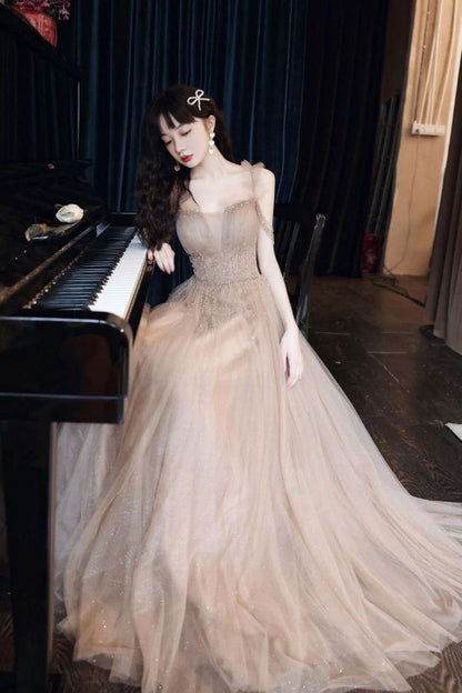 Elegant A Line Off the Shoulder Champagne Floor Length Formal Dress