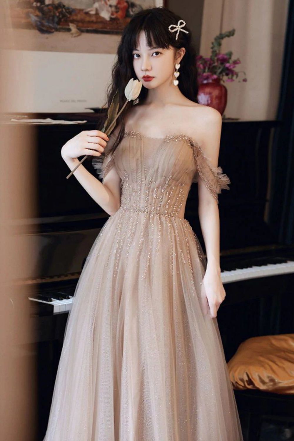 Elegant A Line Off the Shoulder Champagne Floor Length Formal Dress