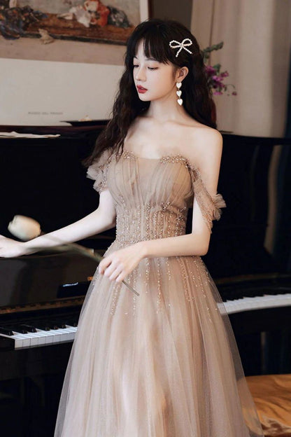 Elegant A Line Off the Shoulder Champagne Floor Length Formal Dress