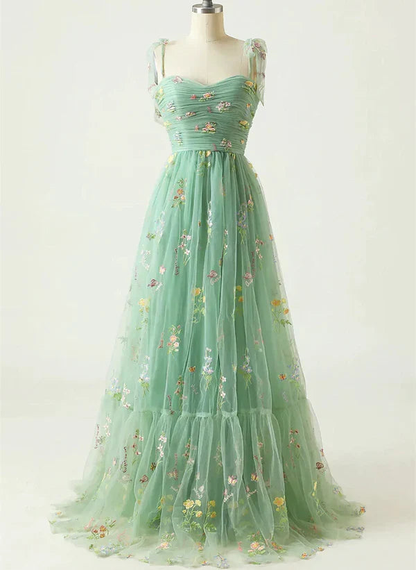 A-line Green Straps Sweetheart Floral Tulle Prom Dress