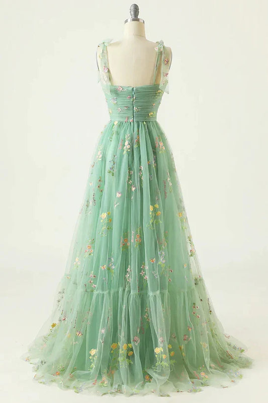 A-line Green Straps Sweetheart Floral Tulle Prom Dress