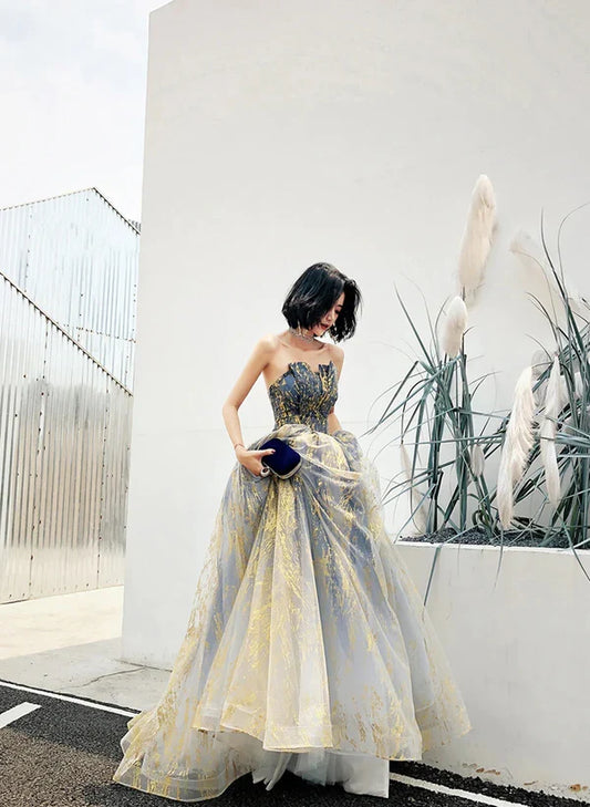Beautiful Blue A-line Tulle Beaded Long Party Prom Dress
