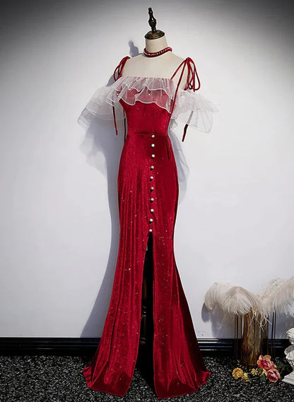 Beautiful Wine Red Velvet Mermaid Long Party Prom Dress