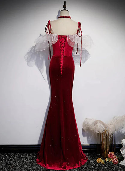 Beautiful Wine Red Velvet Mermaid Long Party Prom Dress