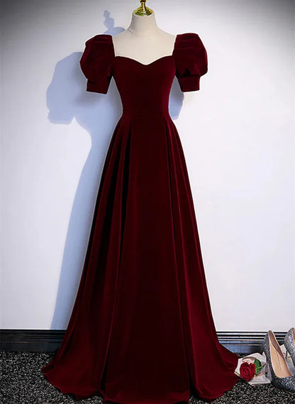 Wine Red A-line Short Sleeves Long Simple Prom Dress