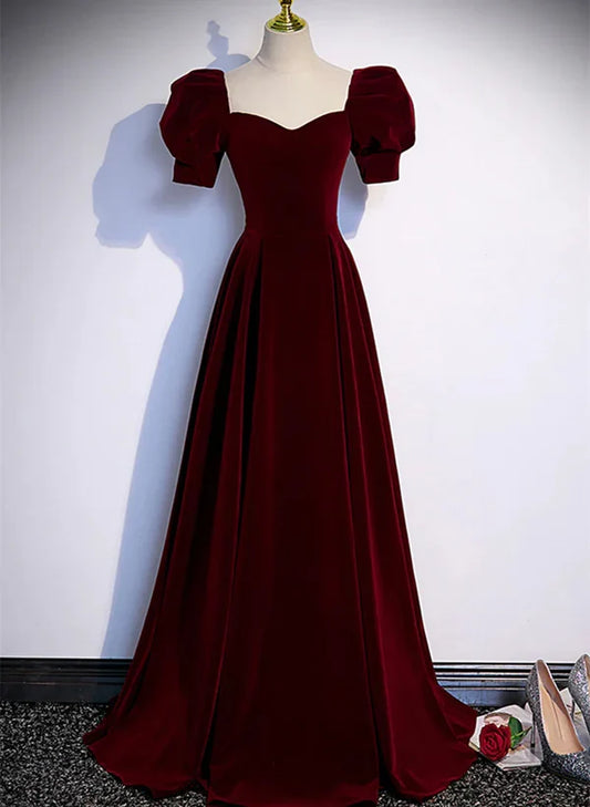 Wine Red A-line Short Sleeves Long Simple Prom Dress