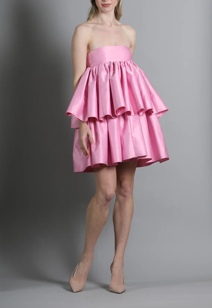 Satin Strapless Tiered Ruffles Short Prom Dresses
