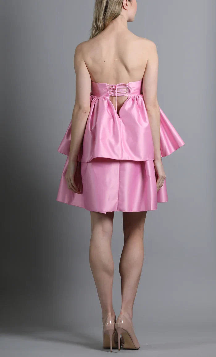 Satin Strapless Tiered Ruffles Short Prom Dresses