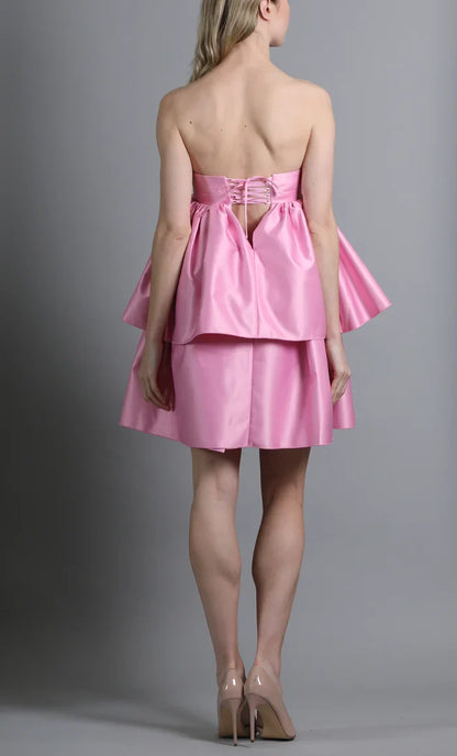 Satin Strapless Tiered Ruffles Short Prom Dresses